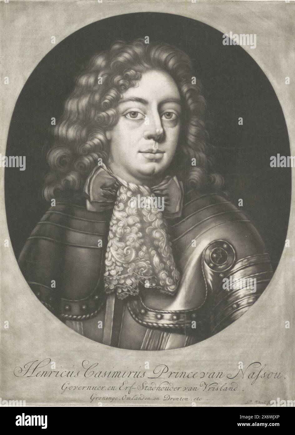 Portrait of Henry Casimir II, Count of Nassau-Dietz, Portrait of Henry Casimir II in an oval. In the bottom margin are name and titles., print, print maker: Pieter Schenk (I), (mentioned on object), after painting by: Michiel van Musscher, publisher: Pieter Schenk (I), (mentioned on object), Amsterdam, 1675 - 1711, paper, height, 334 mm × width, 247 mm Stock Photo