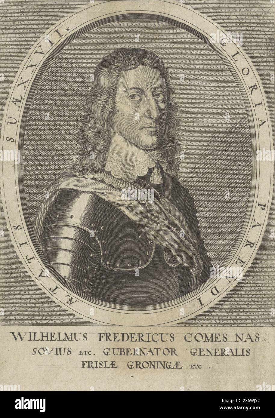 Portrait of Willem Frederik, Count of Nassau-Dietz, Portrait of Willem Frederik in an oval with border writing. Three lines of Latin text in the bottom margin., print, print maker: Crispijn van den Queborn, The Hague, 1640 - 1652, paper, engraving, etching, height, 205 mm × width, 145 mm Stock Photo