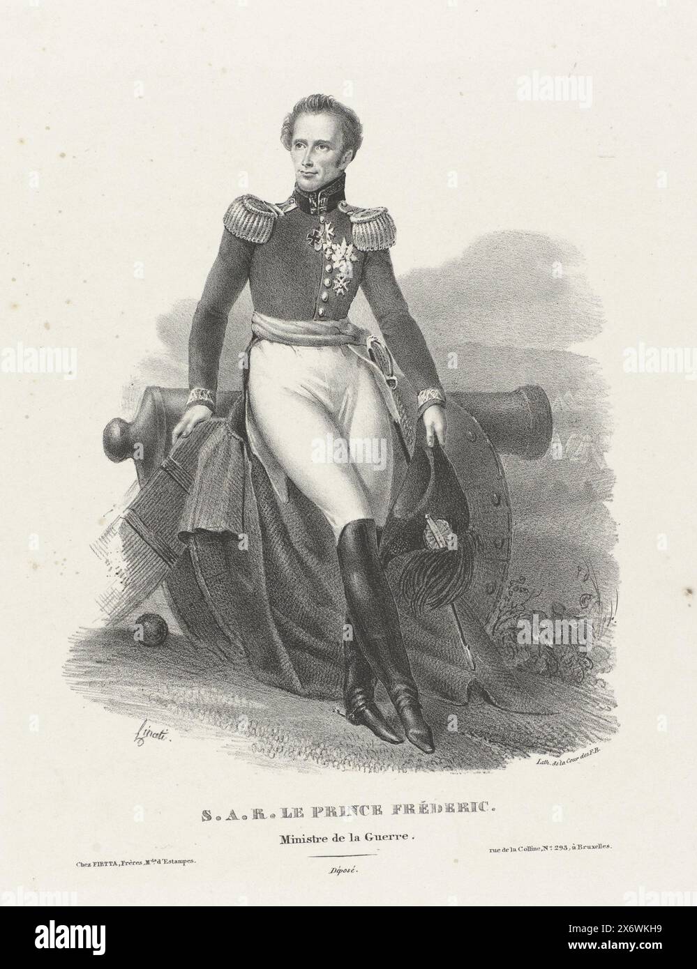 Portrait of Frederik, Prince of the Netherlands, Portrait of Frederik. He's leaning against a cannon. In the bottom margin are name and titles., print, print maker: Claudio Linati, (mentioned on object), publisher: Frères Fietta, (mentioned on object), Brussels, (possibly), 1815 - c. 1829, paper, height, 334 mm × width, 253 mm Stock Photo