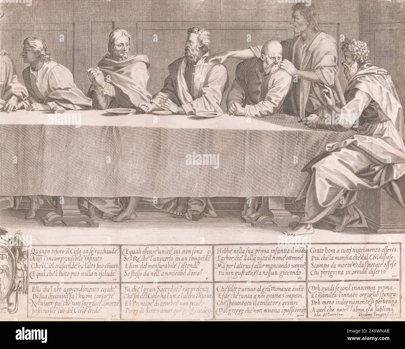 The Last Supper (right part), Part of a coat of arms and eight text areas are printed below the image., print, print maker: Dietrich Krüger, (mentioned on object), after design by: Andrea del Sarto, (mentioned on object), Domenico Falcini, (mentioned on object), print maker: Germany, after design by: Florence, Florence, 1590 - 1621, paper, engraving, height, 385 mm × width, 487 mm Stock Photo