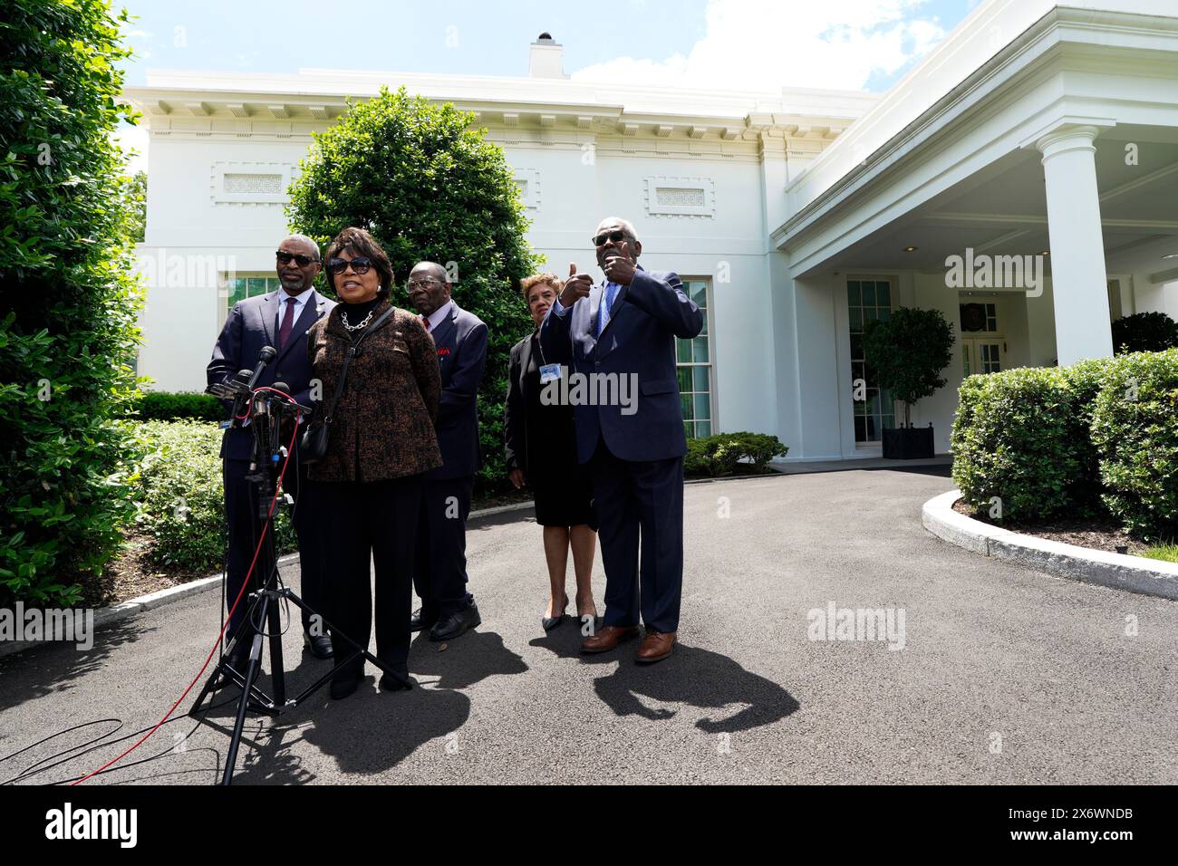 Cheryl Brown Henderson, Daughter of Brown v. Board of Education named plaintiff, Oliver Brown, with other plaintiffs speaks to the media after their meeting with US President Joe Biden at the White House in Washington on May 16, 2024. Credit: Yuri Gripas/Pool via CNP/MediaPunch Stock Photo