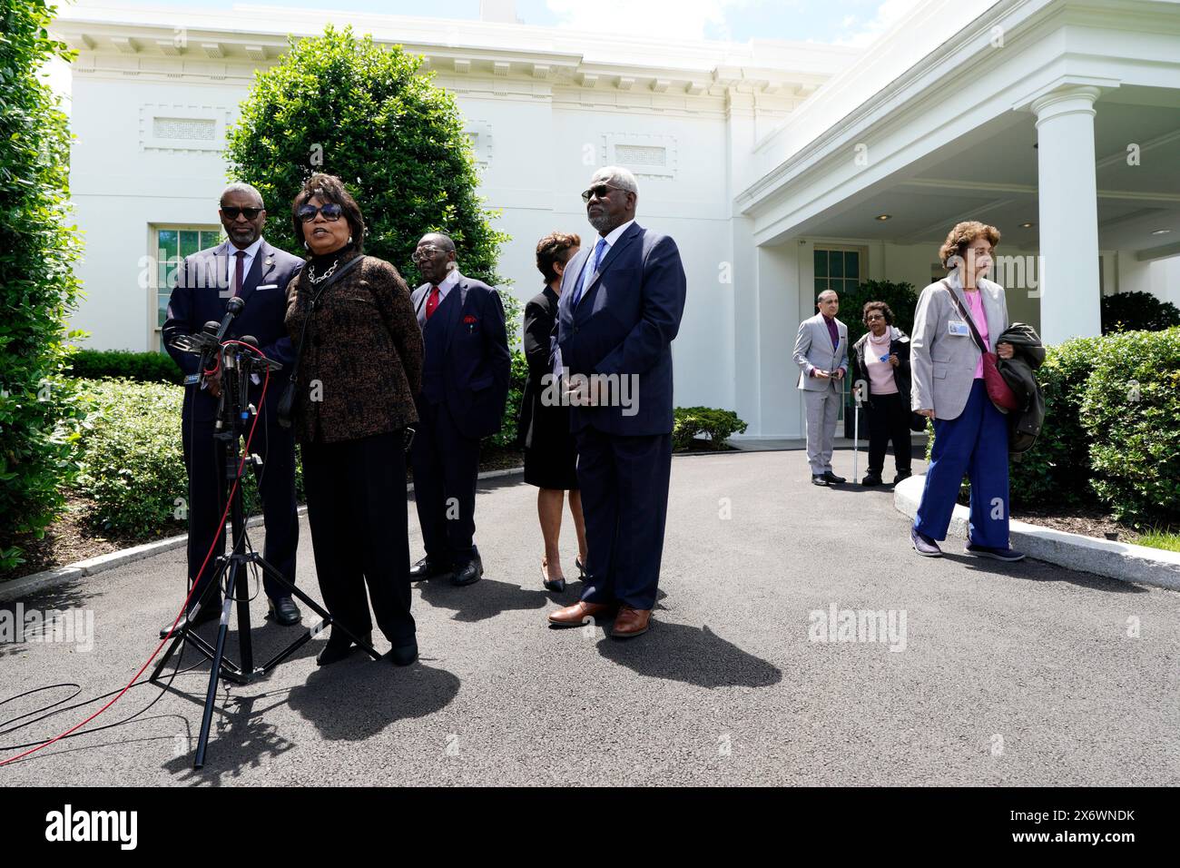 Cheryl Brown Henderson, Daughter of Brown v. Board of Education named plaintiff, Oliver Brown, with other plaintiffs speaks to the media after their meeting with US President Joe Biden at the White House in Washington on May 16, 2024. Credit: Yuri Gripas/Pool via CNP/MediaPunch Stock Photo
