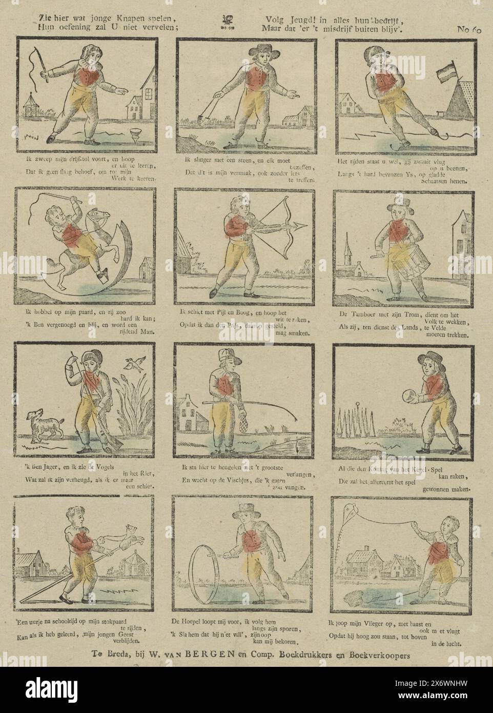 See here some young boys playing, Their exercise will not bore you; Follow youth in everything they do, But let the crime be left out (title on object), Sheet with 24 representations of children's games for boys, such as spinning tops, riding a rocking horse and playing skittles. Below each image a four-line verse. Numbered top right: No. 60., print, publisher: W. van Bergen, (mentioned on object), print maker: anonymous, Breda, 1818 - 1828, paper, letterpress printing, height, 374 mm × width, 330 mm Stock Photo