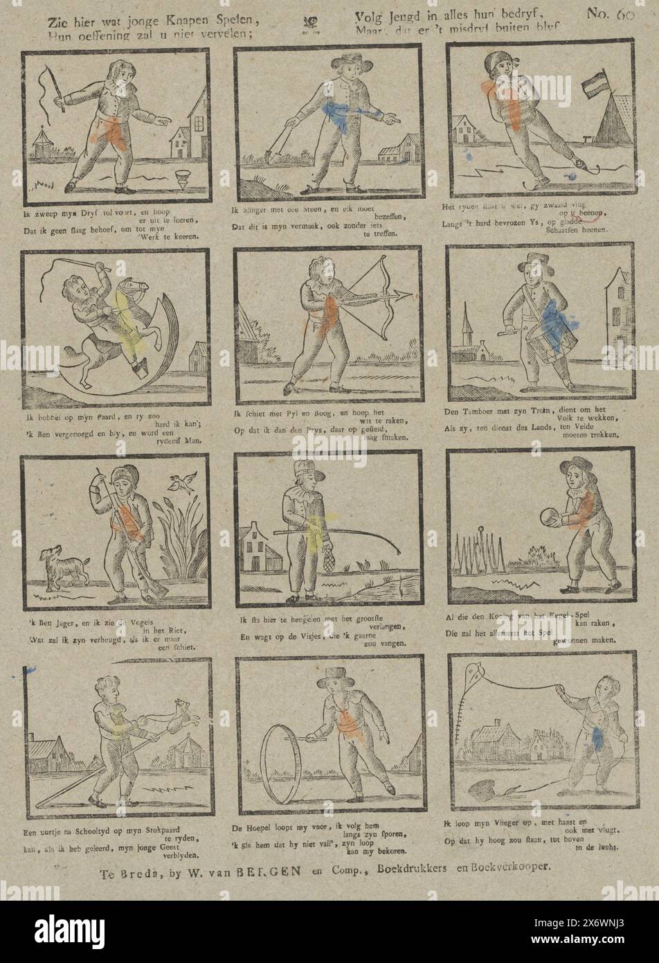 See here some young boys playing, Their exercise will not bore you; Follow youth in everything they do, But let the crime be left out (title on object), Sheet with 24 representations of children's games for boys, such as spinning tops, riding a rocking horse and playing skittles. Below each image a four-line verse. Numbered top right: No. 60., print, publisher: W. van Bergen, (mentioned on object), print maker: anonymous, Breda, 1818 - 1828, paper, letterpress printing, height, 397 mm × width, 330 mm Stock Photo