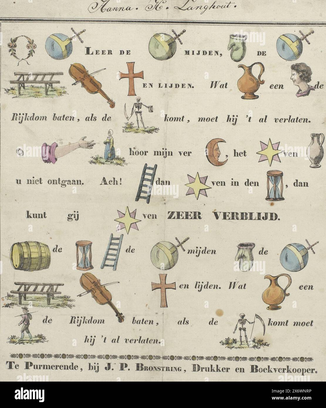 Rebus, Sheet with a rebus, with 33 illustrations that replace words or parts of words. The message of the rebus: what good can wealth do to a man, when death comes he must already leave it., print, publisher: J. P. Bronstring, (mentioned on object), Purmerend, 1827 - 1832, paper, height, 334 mm × width, 315 mm Stock Photo