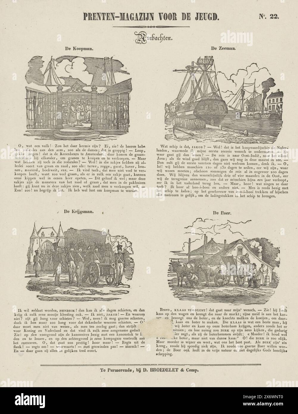 Merchant, sailor, soldier and farmer, Print magazine for youth (series title on object), Crafts (series title on object), Sheet with 4 representations of professions: a merchant, a sailor, a soldier and a farmer. A title above each performance, ten to twelve lines of text below each performance. Numbered top right: No. 21., print, publisher: Daniël Broedelet, (mentioned on object), print maker: anonymous, Purmerend, 1839 - 1841, paper, wood engraving, letterpress printing, height, 417 mm × width, 335 mm Stock Photo