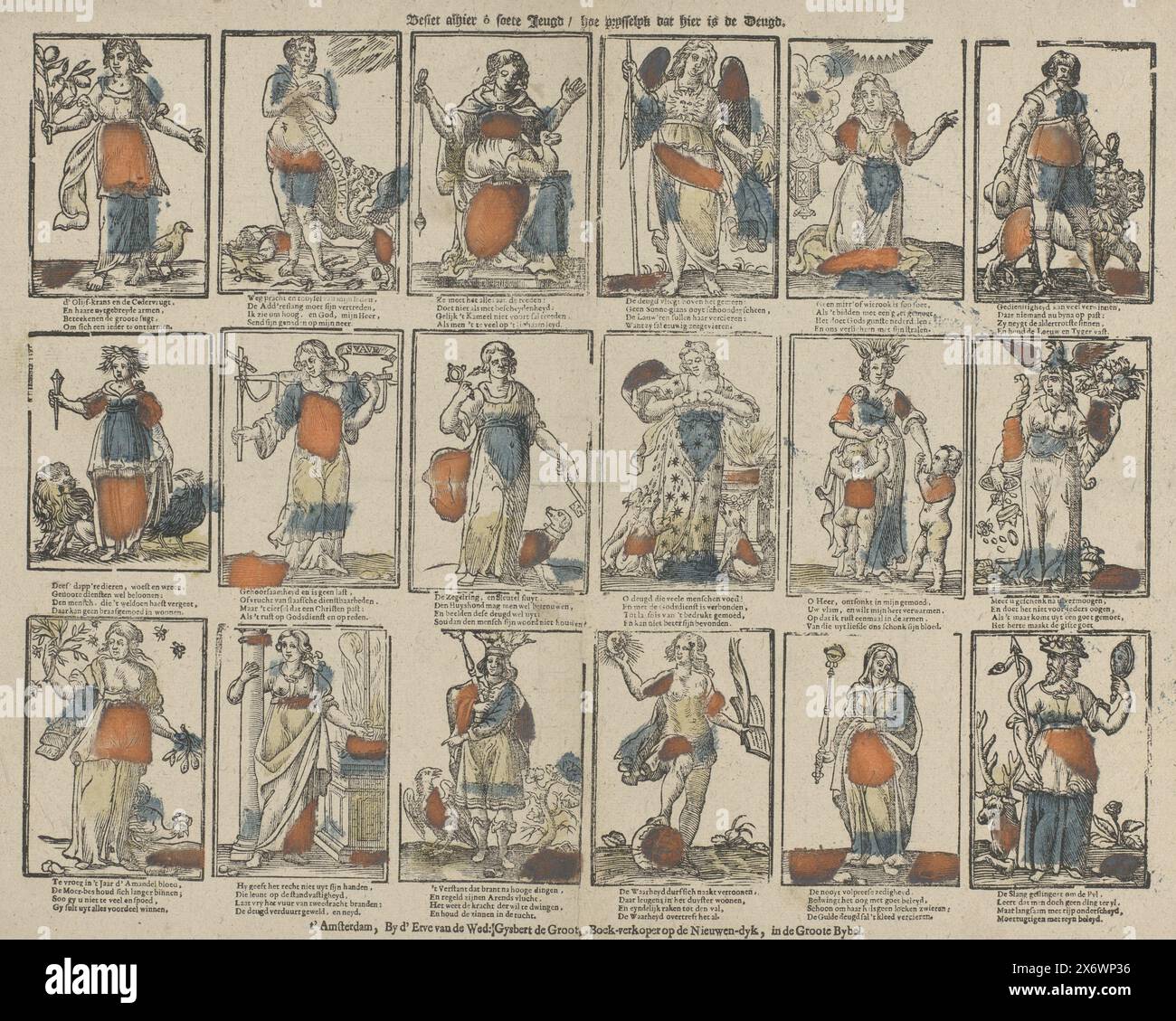 Look at your sweet youth here, how precious virtue is here (title on object), Sheet with 24 representations of allegorical figures, such as charity and truth. Below each image a four-line verse., print, publisher: erven Weduwe Gijsbert de Groot, (mentioned on object), print maker: anonymous, Amsterdam, 1725 - 1738, paper, letterpress printing, height, 336 mm × width, 423 mm Stock Photo