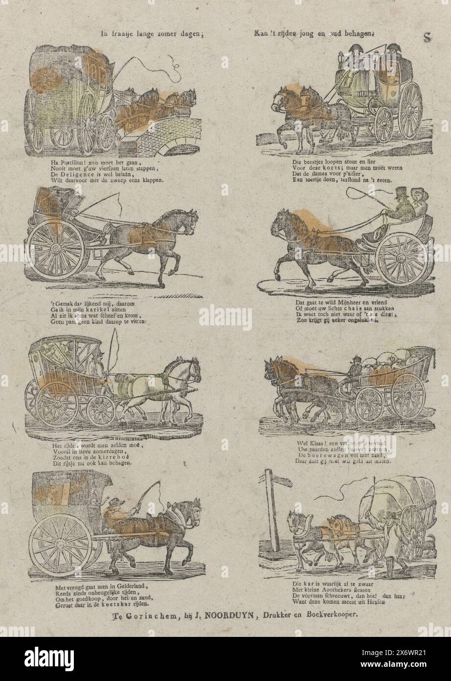In beautiful long summer days;, Driving can please young and old (title on object), Sheet with 8 representations of carriages, carts and wagons. Below each image a four-line verse. Marked top right: S., print, print maker: Alexander Cranendoncq, (possibly), publisher: Jacobus Noorduyn, (mentioned on object), Gorinchem, 1819 - 1840, paper, letterpress printing, height, 402 mm × width, 331 mm Stock Photo