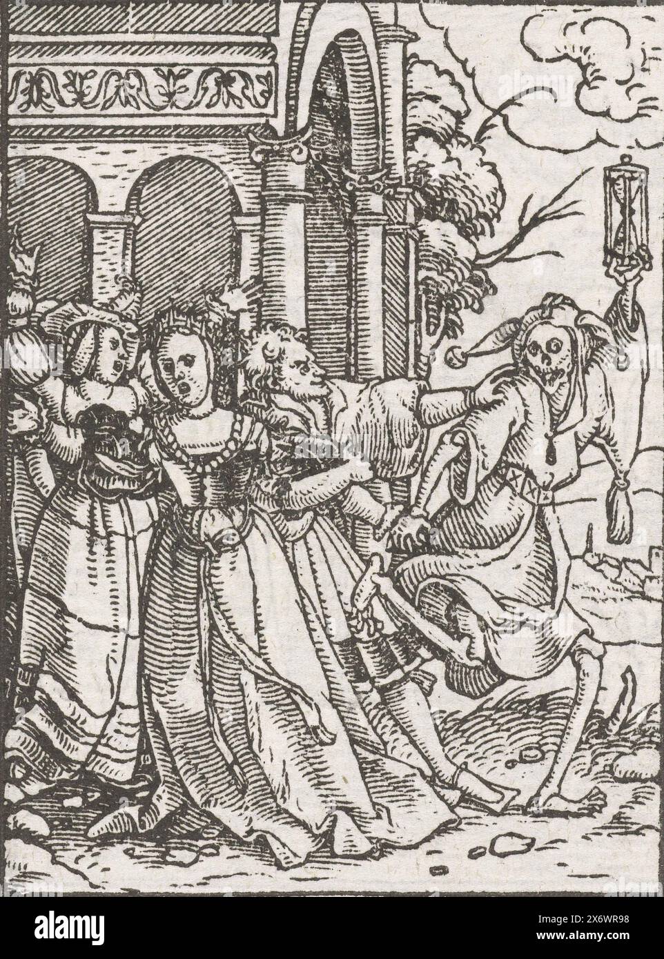 Queen and Death as a jester, Dance of Death (series title), Death, dancing and dressed as a jester with an hourglass in his skeleton hand, is kept away from the queen by court servants. In the margin above the print is the text Isaie XXXII Stock Photo