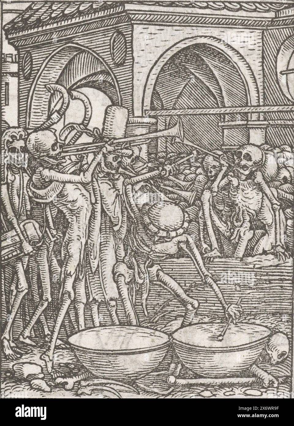 Skeletons make music, Dance of Death (series title), Skeletons play musical instruments, they blow trumpets, beat drums and on the left they even use a hurdy-gurdy. In the margin above the print is the text Gen VII Stock Photo