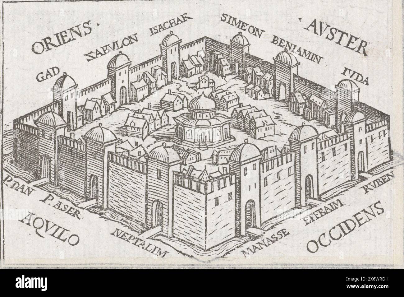 Heavenly city in vision of Ezekiel, The heavenly city with the new temple as Ezekiel sees it in a vision. The cardinal directions are indicated and the gates are labeled with the names of the tribes of Israel. In the margin above the image is the text Ezek. XLVII Stock Photo