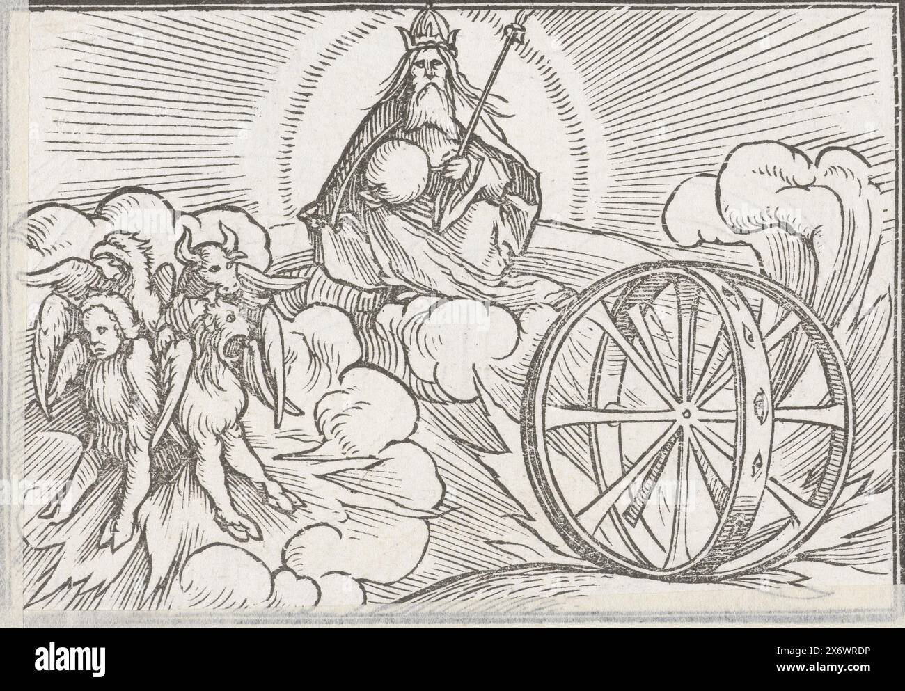 Vision of Ezekiel with God and symbols of four evangelists, The vision of Ezekiel with God enthroned in a halo, globe and scepter in his hands. On the left float the creatures that symbolize the four evangelists, a lion, bull, eagle and angel. They are depicted in fiery light, flames shoot out of the clouds. On the right stands between flames the wheel in a wheel with eyes on the rims Stock Photo