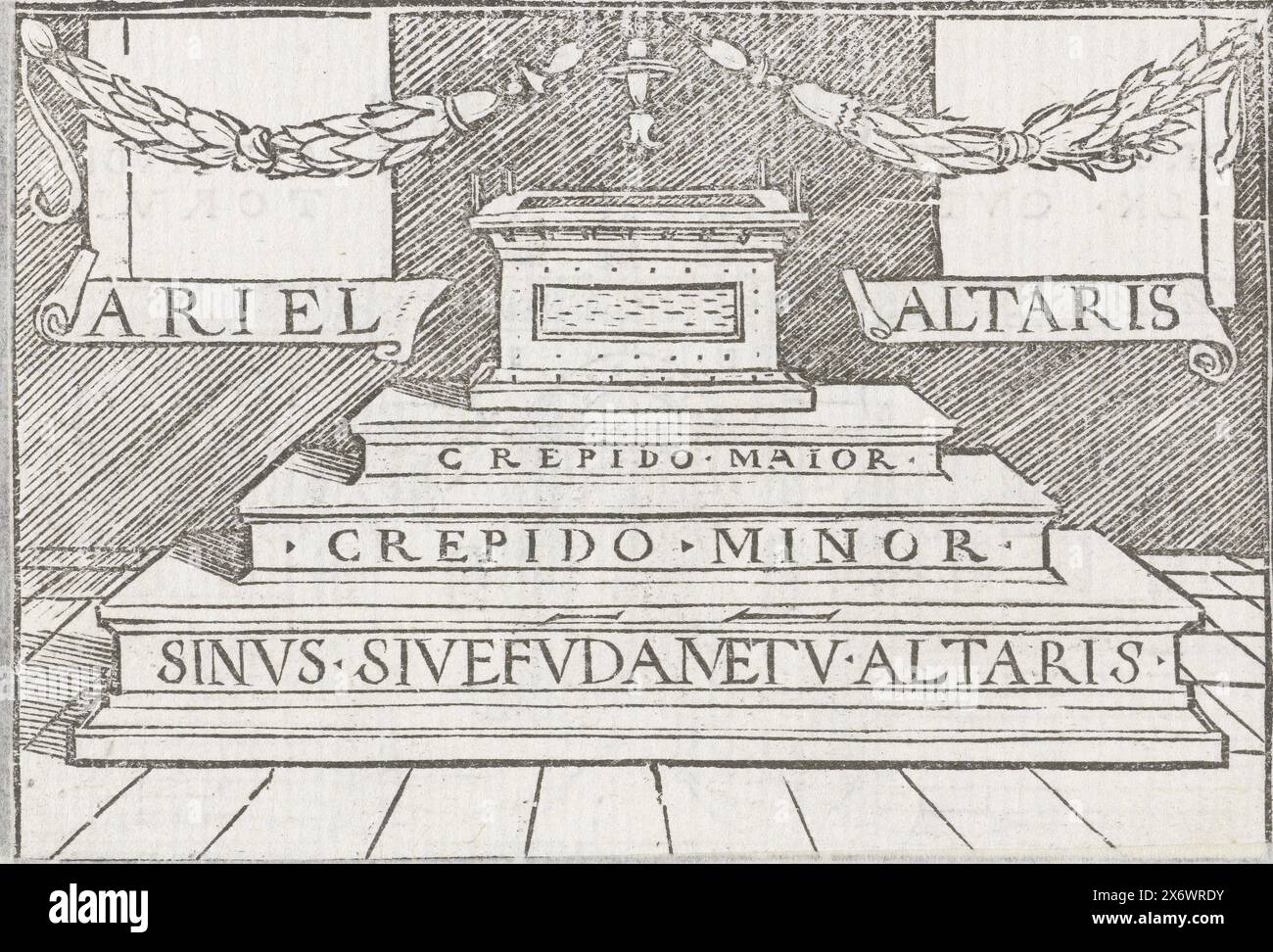 Altar in the new temple in vision of Ezekiel, Altar in the new temple according to the instructions of God as Ezekiel sees it in a vision. There is Latin text on the steps from the stage to the altar. In the margin above the image is the text Ezek. XLIII. Stock Photo