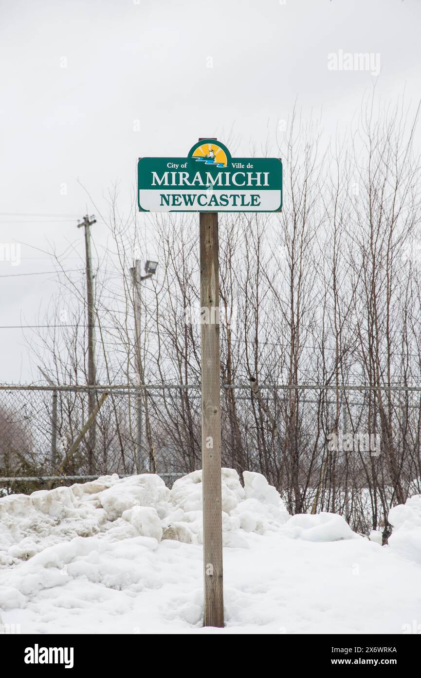 Welcome to Newcastle side of Miramichi sign in New Brunswick, Canada Stock Photo
