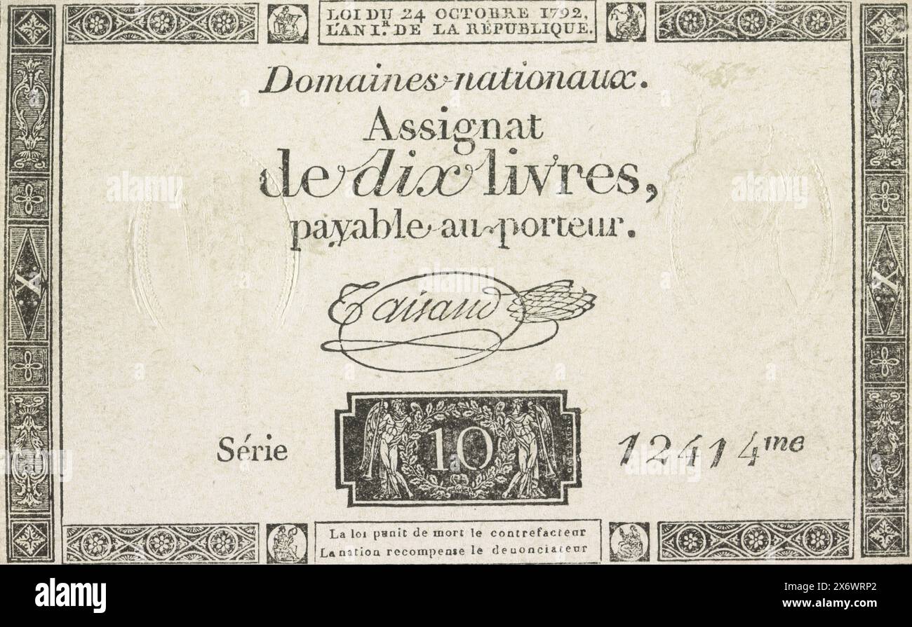 Assignate of 10 livres, 1792, Assignat de dix livres (title on object), Assignate of 10 livres. Circulated by the Domaines nationaux, series 12414, according to the law of October 24, 1792., print, publisher: Domaines nationaux, France, 1792, paper, height, 73 mm × width, 116 mm Stock Photo