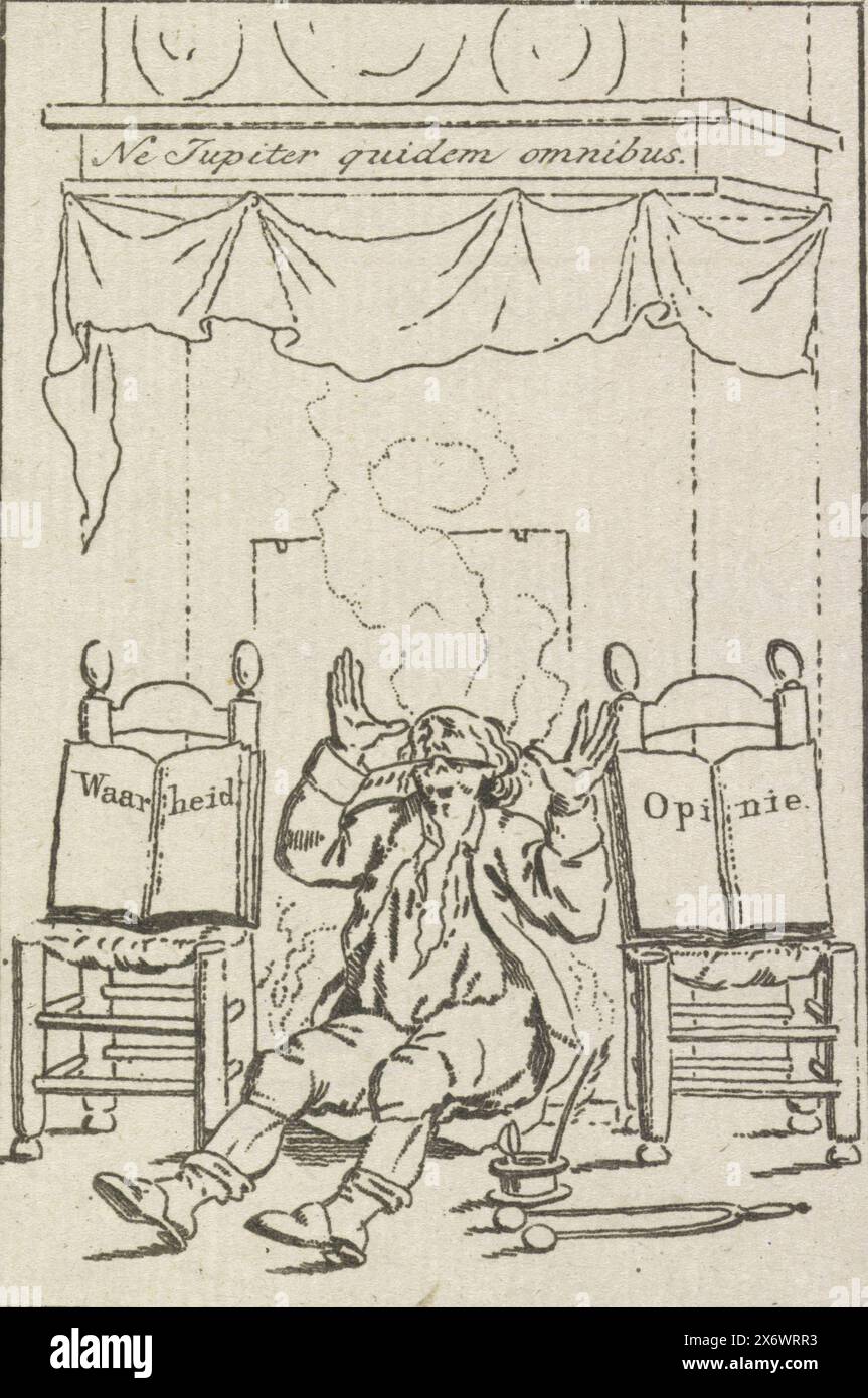 Distraught historian, 1796, Cartoon of a writer who sits desperately in the glowing ashes on the floor in front of the fireplace. He raises his hands in the air and holds a writing quill in his mouth. On either side of him are two books on chairs: the Truth on the left, the Opinion on the right., print, print maker: Pieter van Woensel, Netherlands, 1795 - 1796, paper, etching, height, 121 mm × width, 86 mm Stock Photo