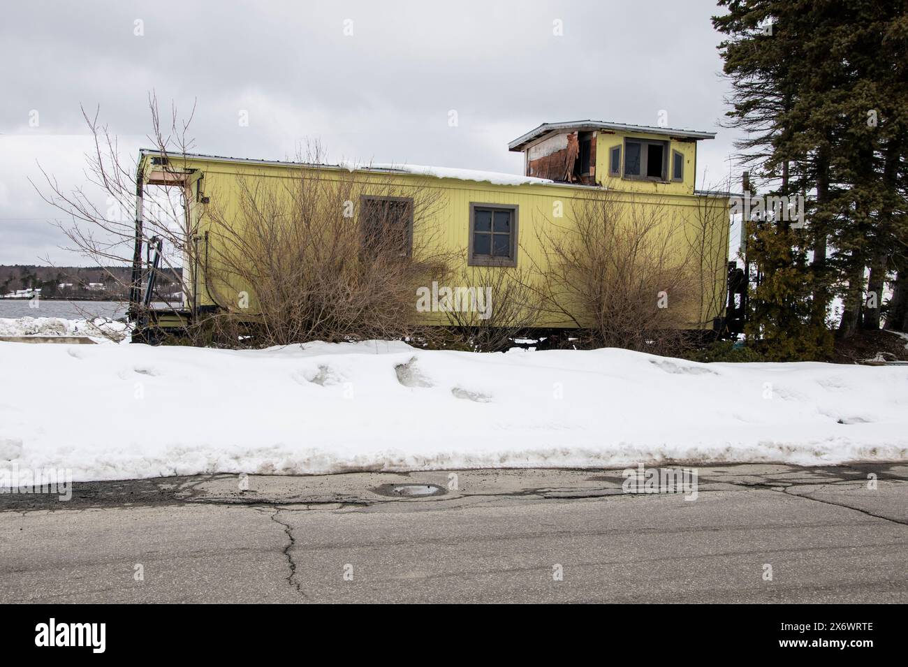Dilapidated wooden caboose in Miramichi, New Brunswick, Canada Stock