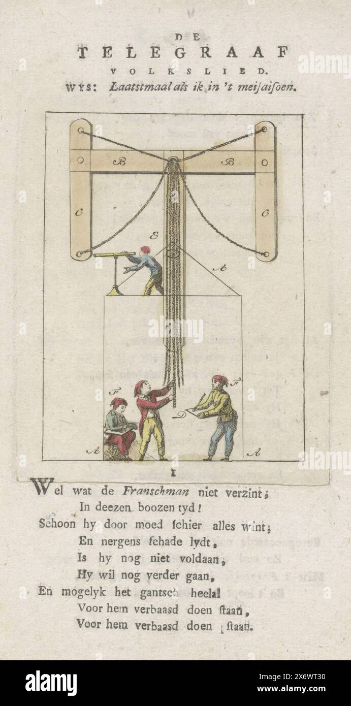 Song on the Batavian coastal telegraph, 1799, De Telegraaf. National Anthem (title on object), Song on the telegraph, semaphore or semaphore invented by the French. A version of this, the Batavian coastal telegraph, was set up on the Dutch coast in 1799. Folded sheet printed on all sides with the seven verses of the song, on the front a schematic representation of the telegraph operated by four men., print, print maker: anonymous, anonymous, Netherlands, 1799, paper, etching, letterpress printing, height, 222 mm × width, 145 mm Stock Photo