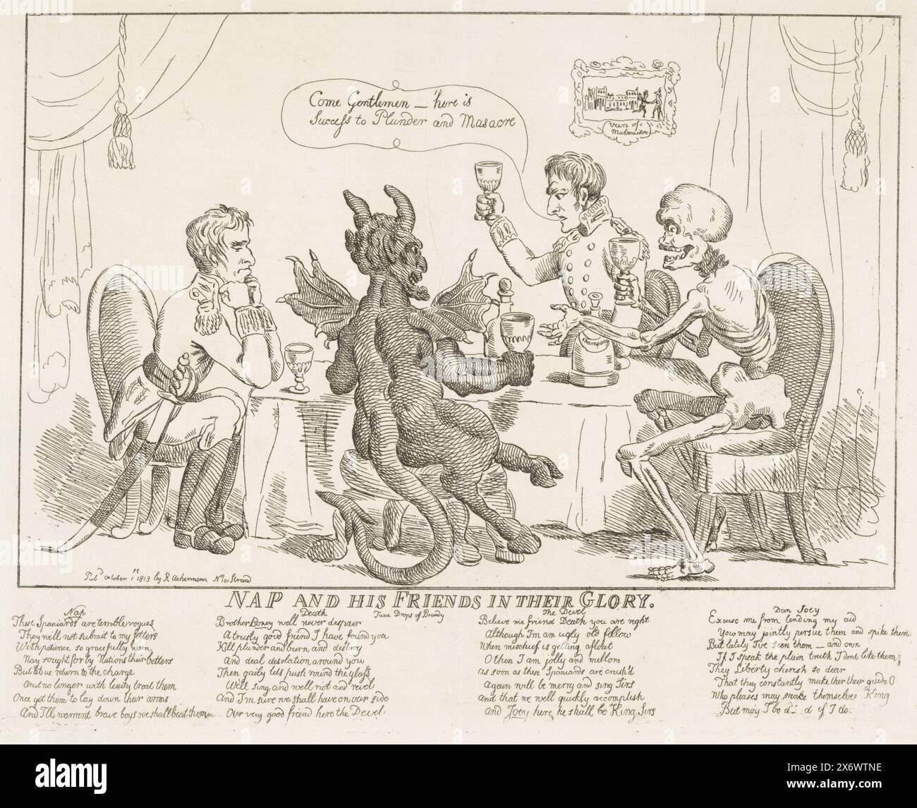 Napoleon and his friends in their glory, 1813, Nap and his Friends in their Glory (title on object), Cartoon on Napoleon, 1813. Napoleon, his brother Joseph, Death and the Devil sit at a table. Napoleon wants to raise a toast and drink with the others to the success of plunder and murder. Joseph Bonaparte looks somewhat dismayed with his head in his hands. In the caption four verses on behalf of the four main characters in the performance. A separate statement accompanies the print., print, print maker: Thomas Rowlandson, publisher: Rudolph Ackermann, (mentioned on object), publisher Stock Photo