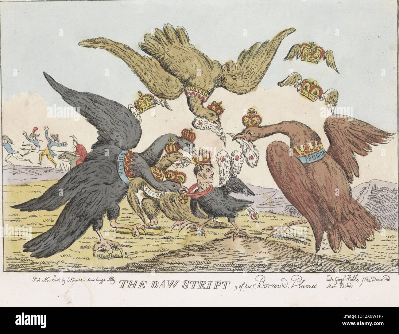 The jackdaw stripped of its borrowed feathers, 1813, The Daw Stript, of his Borrowed Plumes, vide Gays Fable the Daw other Birds (title on object), Cartoon of Napoleon after his loss at the battle of Leipzig, 1813. Four large eagles ( Russia, Prussia, Austria and Sweden) pluck the feathers from a jackdaw with the head of Napoleon. The jackdaw had decorated himself with these peacock feathers. Three winged crowns (Poland, Bohemia and Spain) fly away. In the background a Russian Cossack stabs two French soldiers with his lance. The print includes a separate Dutch statement., print, print maker: Stock Photo