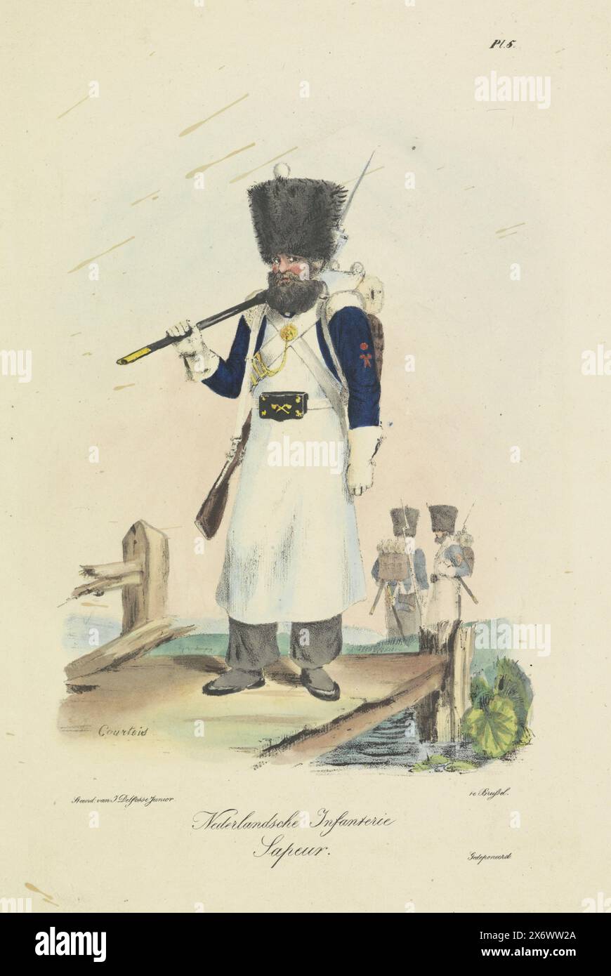 Sappeur, 1820-1825, Dutch Infantry. Sapeur (title on object), Military costumes of the Kingdom of the Netherlands. Dedicated to His Excellency Willem van Bylandt (series title on object), Uniform representation of a standing sapper of the infantry. Numbered top right: Pl. 5. Part of the series of 53 plates of uniforms of the soldiers of the Kingdom of the Netherlands in the period 1820-1825., print, print maker: A. Courtois, (mentioned on object), printer: J. Delfosse, (mentioned on object), Willem Frederik graaf van Bylandt, Brussels, 1825 - 1827, paper, height, 361 mm × width, 268 mm Stock Photo