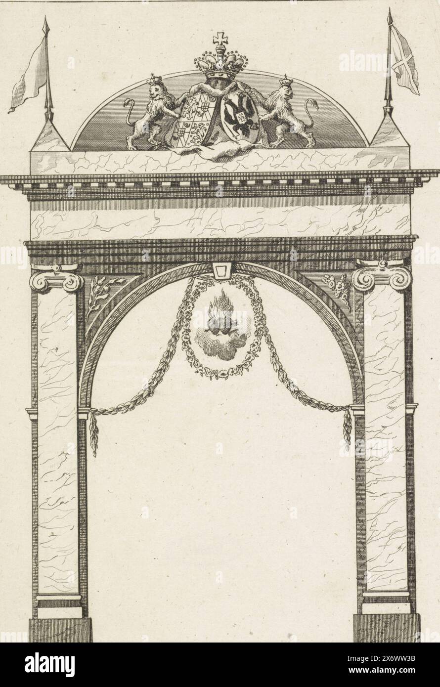 Gate of Honor on Reguliersplein, 1816, Gate of Honor with the Temple of Love. Arch crowned with the weapons of the prince and princess, beneath which are two burning hearts between garlands. Founded on Reguliersplein (Thorbeckeplein). Illustrations of the decorations set up during the visit of the Prince and Princess of Orange to Amsterdam on September 19, 1816., print, print maker: Antoni Zürcher, Netherlands, 1816 - 1817, paper, etching, engraving, height, 202 mm × width, 128 mm Stock Photo