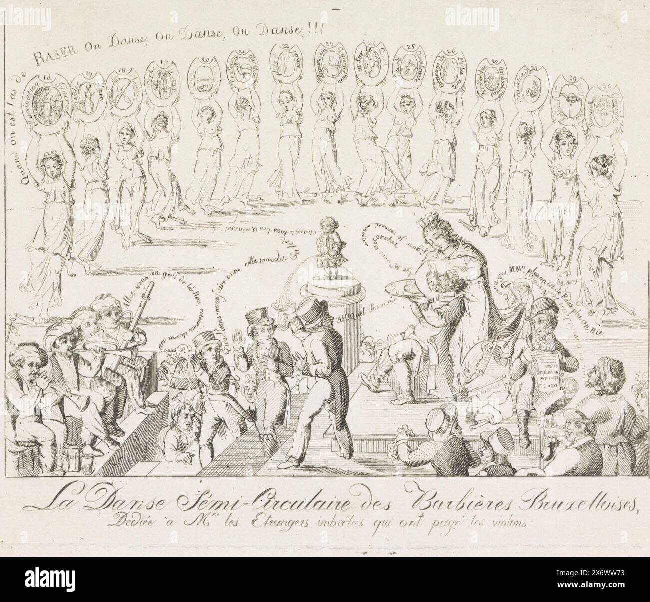 Cartoon on the deposition of foreigners coming to Brussels for the celebration of the 450th anniversary of the Sacrament of the Miracle, 1820, La Danse Sémi-Circulaire des Barbières Bruxelloises, Dédiée à Mrs les Etrangers imberbes qui ont payé les violons (title on object ), Several foreign visitors (tourists) are shaved and robbed by the Brussels city virgin. Manneken Pis pees in the empty money pocket of an already shaven man. In the background a row of dancing women with shaving cymbals in their hands. On the left a group of musicians dressed as Arabs. The visitors had come to Brussels Stock Photo