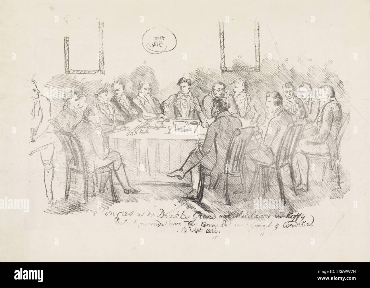 Meeting of coffee brokers in the Brakke Grond in Amsterdam, 1820, Congress in the Brakke Grond of brokers in Koffij, deciding on the new Law of Weight and Condition, September 19. 1820 (title on object), Meeting of coffee brokers in the inn de Brakke Grond on the Nes in Amsterdam on September 19, 1820. A group of men sitting around a table. Centrally the chairman Sam. Voûte, to his left the cartoonist J.A. Heintzen Jr. The persons depicted are numbered 1-15 in pencil, with the print a piece of paper with a legend with the corresponding names., print, print maker: Julianus Amtonius Heintzen Stock Photo