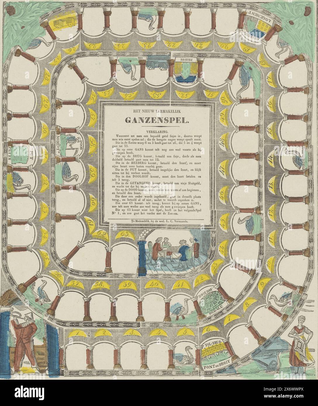 Goose board game, ca. 1840-1850, The Newly Entertaining Goose Game (title on object), Goose board game with boxes 1-63. In the middle the rules of the game. In the two bottom corners a man and a woman. Part of a group of children's and board games printed in the period ca. 1750-1850., print, print maker: anonymous, printer: weduwe L.C. Vermande, (mentioned on object), print maker: Netherlands, printer: Medemblik, 1842 - 1850, paper, letterpress printing, height, 470 mm × width, 366 mm Stock Photo