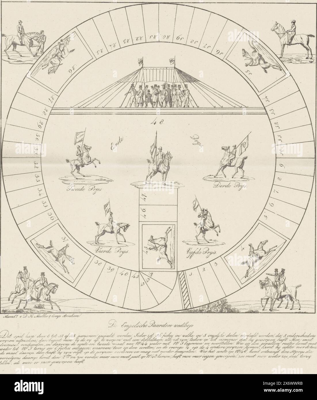 Racing game, ca. 1835, The English Horse Race (title on object), Board game called The English Horse Race, ca. 1835. Circular race track with boxes numbered 1-48. With images of horses in a horse race, spectators under a tent and various horses with their riders. Part of a group of children's and board games printed in the period ca. 1750-1850., print, printer: D.K. Muller & Co., (mentioned on object), Arnhem, 1830 - 1835, paper, height, 490 mm × width, 390 mm Stock Photo