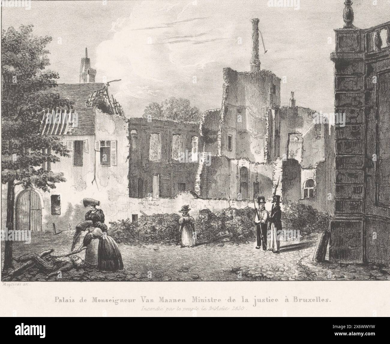 Ruin of Minister Van Maanen's house in Brussels, 1830, Palais de Monseigneur Van Maanen Ministre de la justice à Bruxelles. Incendié par le peuple le 26 Août 1830 (title on object), Prints added to the series Evénemens de Bruxelles, Anvers (...) (1831) (series title), Ruin of the burned-out house of Cornelis Felix van Maanen, minister of Justice, in Brussels. Set on fire by the people on August 26, 1830. Part of a group of prints from several other series related to the plates in the recueil about the events during the Belgian Revolution in Brussels, Antwerp and other cities in the period Augu Stock Photo