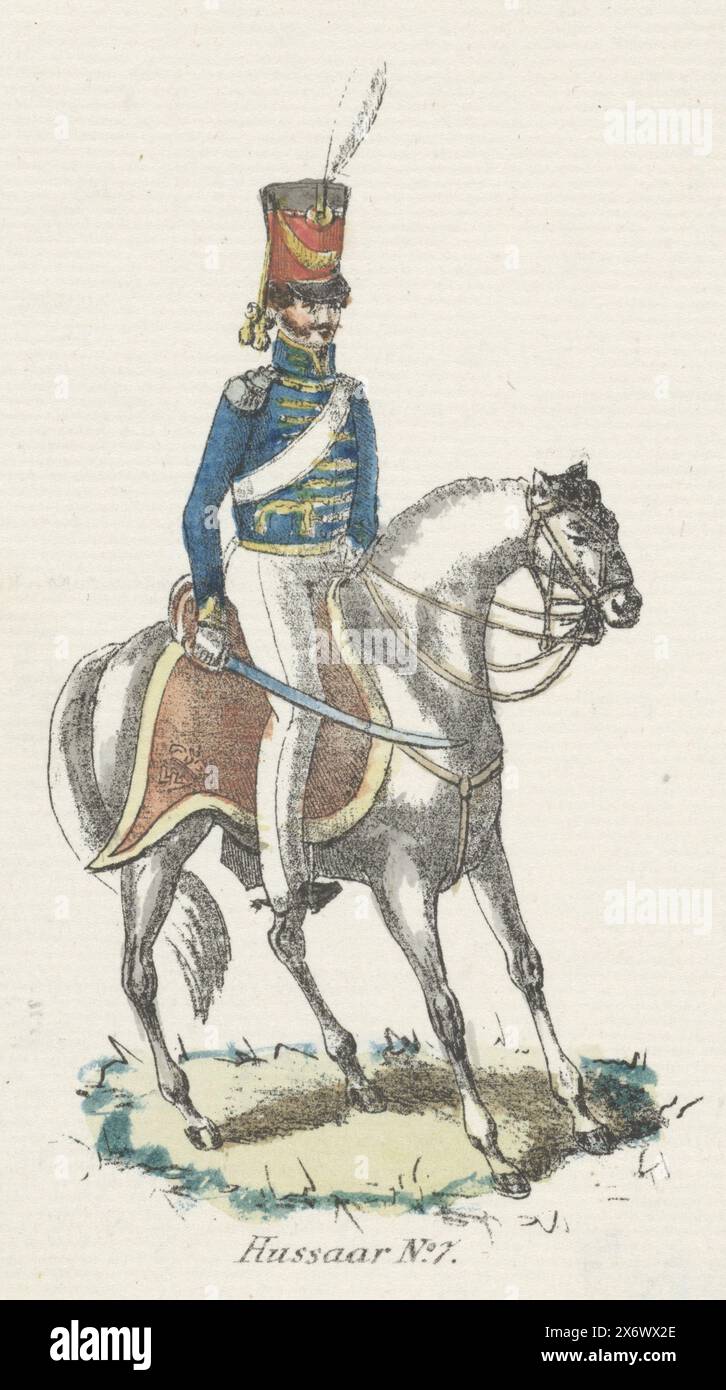 Hussar, Hussar No. 7 (title on object), 21 plates of Dutch uniforms ca. 1830 (series title), Uniform of a hussar of the 7th Regiment. Part of a series of 21 small prints of uniforms of the Dutch army (Koninklijke Nederlandsche Armée) ca. 1830., print, print maker: Willem Charles Magnenat, publisher: Evert Maaskamp, print maker: Netherlands, publisher: Amsterdam, 1830 - 1835, paper, height c. 113 mm × width c. 68 mm Stock Photo