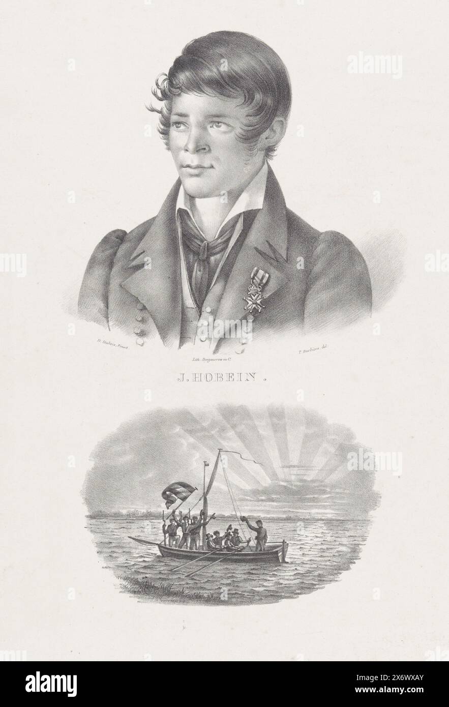 Heroic act of Jacob Hobein, 1831, J. Hobein (title on object), Portrait of the sailor Jacob Hobein with the Military Order of William (awarded on April 8, 1832), at the bottom the safe return of the sloop with the Dutch flag captured under heavy Belgian fire at Fort Philippine on the Scheldt, March 19, 1831., print, print maker: Pieter Barbiers (IV), (mentioned on object), after painting by: D. Dubois, (mentioned on object), printer: Desguerrois & Co., (mentioned on object), print maker: Netherlands, printer: Amsterdam, 1832, paper, height, 379 mm × width, 267 mm Stock Photo