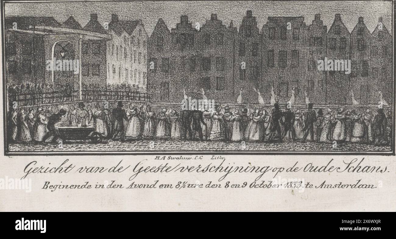 Face of the Ghost apparition on the Old Fortress. beginning in the evening at 8½ o'clock on October 8 and 9, 1833. in Amsterdam (title on object), Appearance of ghosts on the Oudeschans in Amsterdam, in the evening of October 8 and 9, 1833. The ghostly white shadows of women in long robes. In the foreground and on the bridge are the gathered spectators. The 'ghosts' were produced by some students using magic lantern slides., print, print maker: Hartog Abrahams Swaluw, (mentioned on object), Amsterdam, 1833, paper, height, 114 mm × width, 211 mm Stock Photo