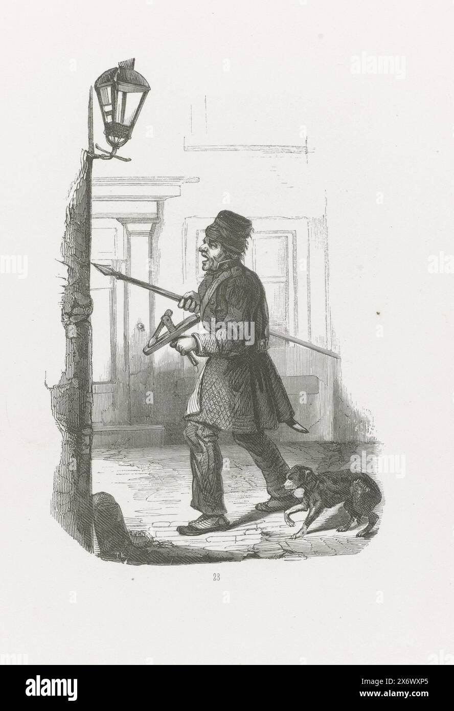 The clapperman of The Hague, 1840-1841, The clapperman of The Hague. Man shouting while walking through a street with a club, lance and dog. In a folded cover with the text about the clapperman. Separate copy of an illustration from: a book with character sketches, professions and costumes of Dutch folk types from 1841. Numbered: 28., print, print maker: Henry Brown, after drawing by: Herman Frederik Carel ten Kate, (mentioned on object), Netherlands, 1840 - 1841, paper, wood engraving, height c. 275 mm × width c. 182 mm Stock Photo