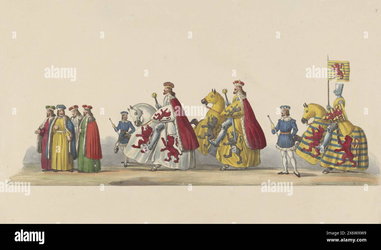 Costumed parade of 1841: horsemen (sheet X), Costumed Parade. Depicting the reception of Willem II Count of Holland Roman King in Utrecht in January 1249 given by HH Students in celebration of the 25th Year of the Restoration of the Utrechtsche Hoogeschool on June 2, 1841 (series title on object), Two nobles on horseback followed by a knight in armor on horseback with the coat of arms of Luxembourg, preceded by a group of (Oriental?) men in long cloaks. Sheet numbered twenty-five year recovery of the College., print, print maker: anonymous, publisher: Johannes Paulus Houtman, publisher Stock Photo