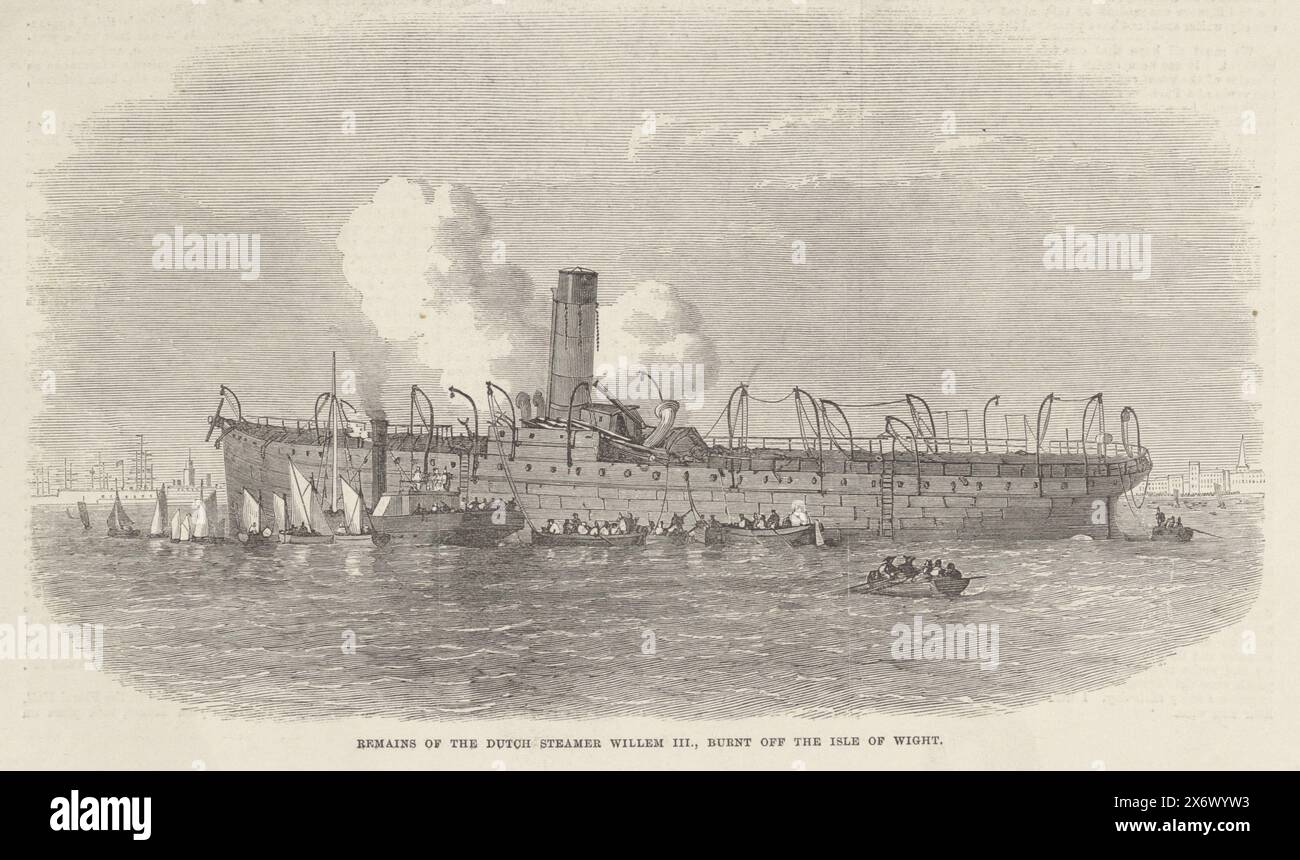 Steamship Willem III, after the fire of 1871, Remains of the Dutch steamer Willem III., burnt off the Isle of Wight (title on object), The burnt-out wreck of the screw steamer Willem III, after the fire of May 19, 1871. Around the still smoldering ship, many small boats sail. Cut-out illustration printed with text on the back. The illustration also includes a Dutch newspaper clipping about the fire., print, print maker: anonymous, England, 1871, paper, wood engraving, height, 180 mm × width, 292 mm Stock Photo