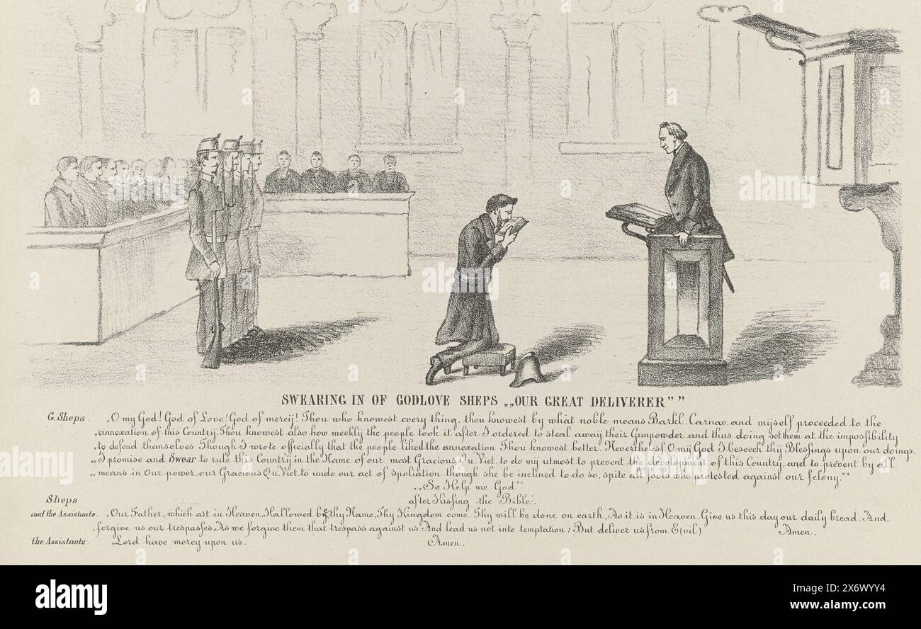 Shepstone takes the oath, 1877, Swearing in of Godlove Sheps 'Our great deliverer' (title on object), Annexation of the Transvaal, by an African (series title on object), Shepstone kisses the Bible and confesses his crimes, in a court or church. With caption. Part of the series of eleven cartoons on the British annexation of Transvaal in 1877., print, print maker: anonymous, Zuid-Afrika, (possibly), 1877 - 1880, paper, height c. 218 mm × width c. 350 mm Stock Photo