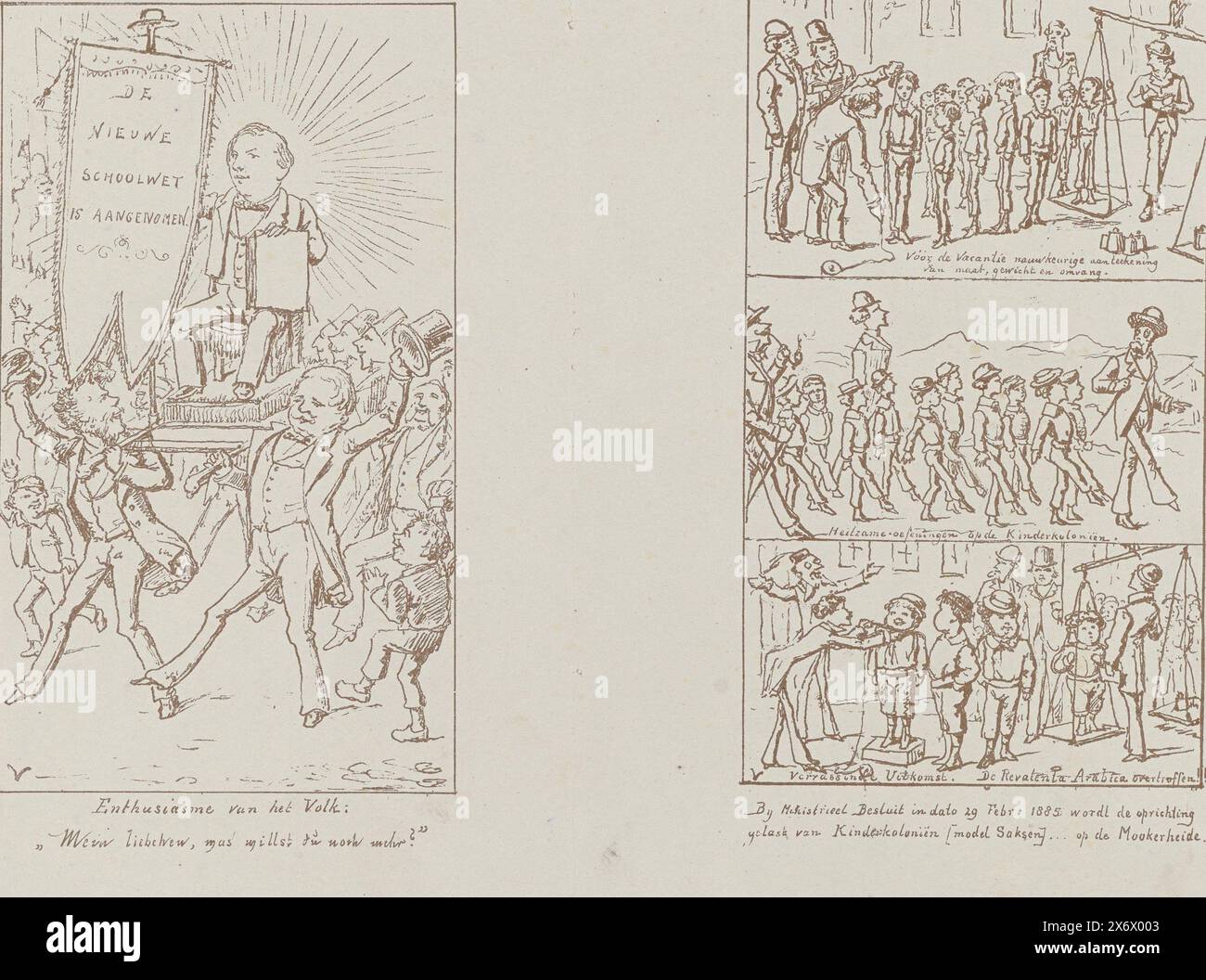 Two plates from 'The New School Act and the Report of the Commission, Illustrated by Veridicus', 1879, Cartoons from the booklet New School Act and the Report of the Commission, 1879 (series title), Sheet with the plates numbered II and XV. Part of a series of eight sheets, each with two cartoons on the new law on primary education, taken from the booklet 'New School Act and the Report of the Commission', by Veridicus, April 1879., print, print maker: Veridicius, (mentioned on object), printer: Gustav Adolph Döhrn, publisher: Ducroissi Goetzee, print maker: Netherlands, printer: Rotterdam Stock Photo