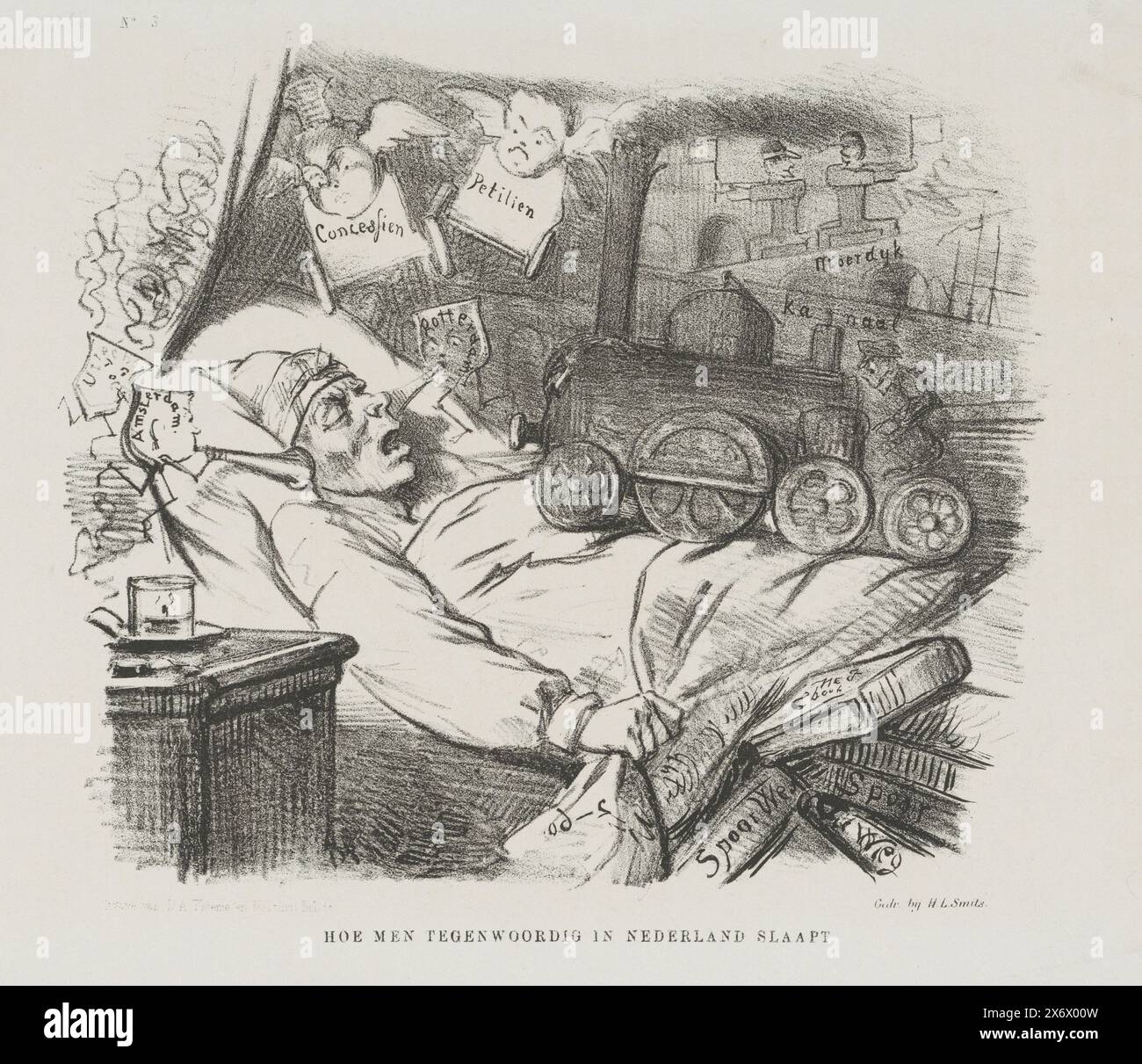 Cartoon on the expansion of the railway network in the Netherlands, 1860, How people sleep in the Netherlands nowadays (title on object), Cartoon on the plans for the expansion of the railway network in the Netherlands. a man sleeping in his bed and dreaming about trains. Plate published in the weekly magazine De Nederlandsche Spectator, no. 3, January 21, 1860., print, print maker: Johan Michaël Schmidt Crans, printer: H.L. Smits, (mentioned on object), publisher: Dirk Anthonie Thieme, (mentioned on object), print maker: Netherlands, printer: Netherlands, publisher: Arnhem, publisher: The Stock Photo