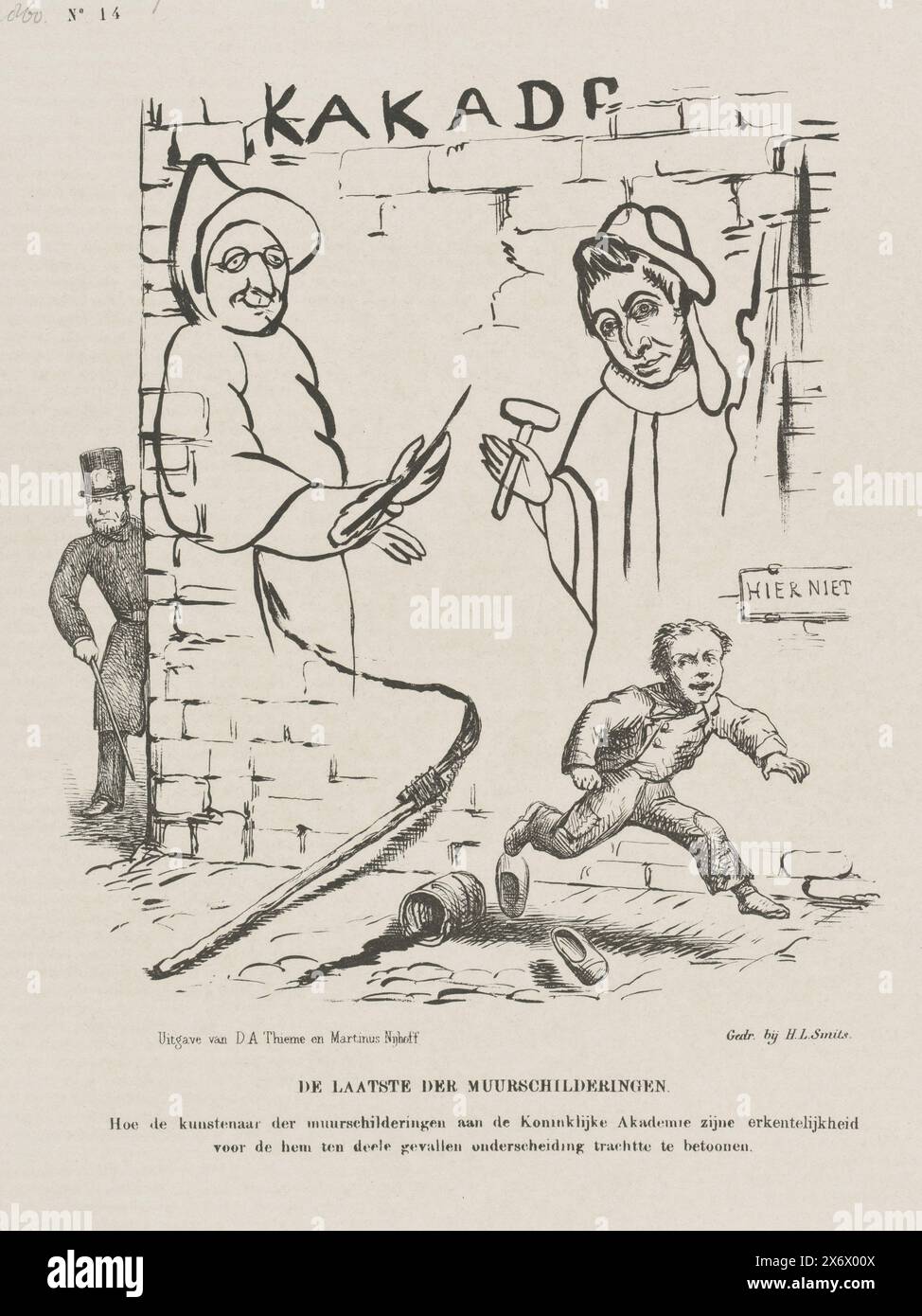 Cartoon on the board of the Royal Academy of Sciences, 1860, The last of the Murals (title on object), Cartoon in which a dyer boy paints caricatures of J. de Wal and H.J. on a wall. Koenen, board members of the Royal (Dutch) Academy of Sciences. A police officer comes around the corner on the left. Plate published in the weekly magazine De Nederlandsche Spectator, no. 14, April 7, 1860., print, print maker: Johan Michaël Schmidt Crans, after design by: Reinier Cornelis Bakhuizen van den Brink, printer: H.L. Smits, (mentioned on object), print maker: Netherlands, after design by: Netherlands Stock Photo