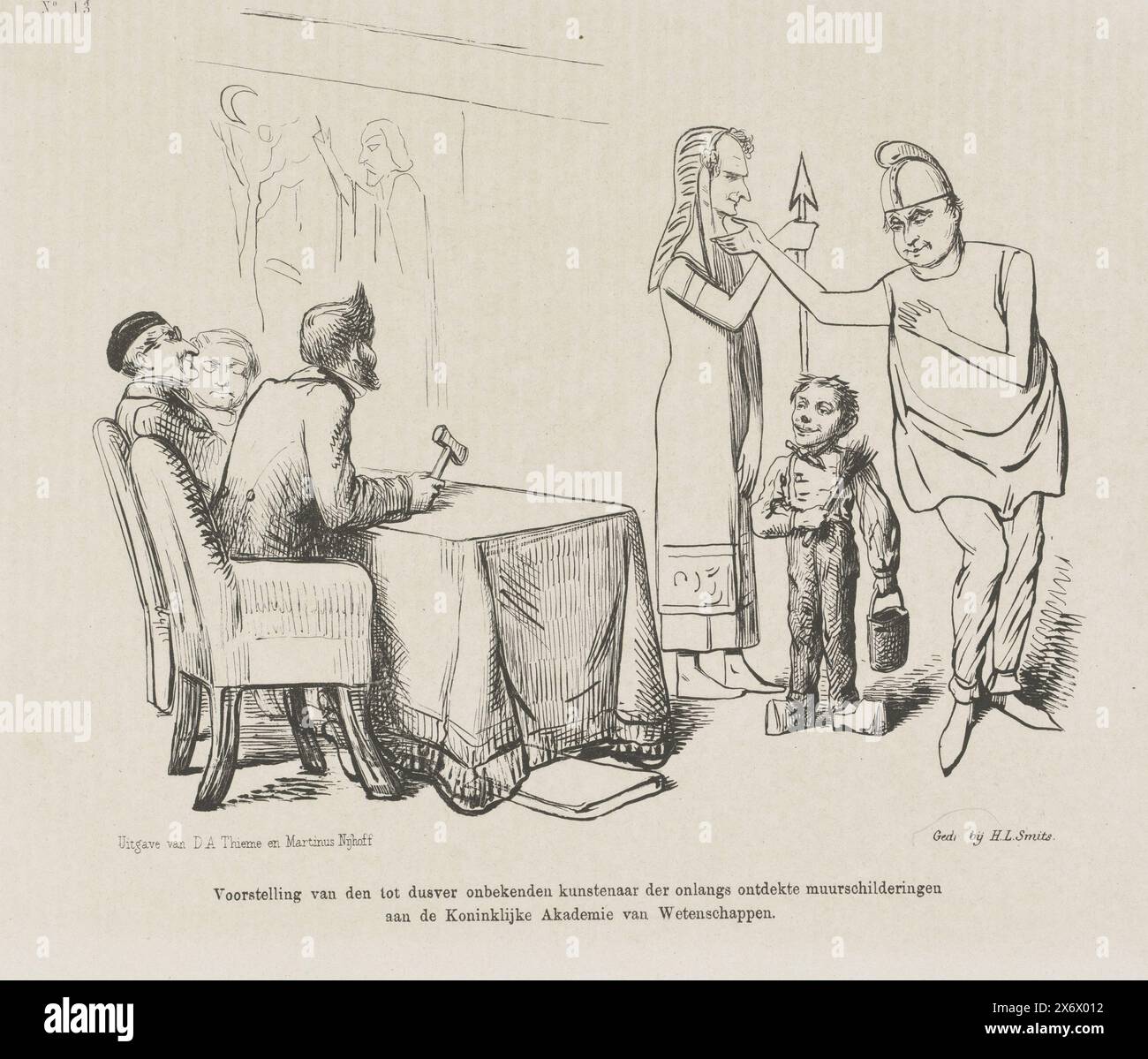 Cartoon on the board of the Royal Academy of Sciences, 1860, Presentation of the hitherto unknown artist of the recently discovered murals at the Royal Academy of Sciences, Cartoon in which a dyer boy is presented as an artist to the board of the Royal (Dutch) Academy of Sciences Sciences. The board, seated on the left, consists of J. de Wal, H.J. Koenen and R.C. Bakhuizen van den Brink. The boy accompanied by C. Leemans and L.J. Jansen. Plate published in the weekly magazine De Nederlandsche Spectator, no. 13, March 31, 1860., print, print maker: Johan Michaël Schmidt Crans, after design by Stock Photo