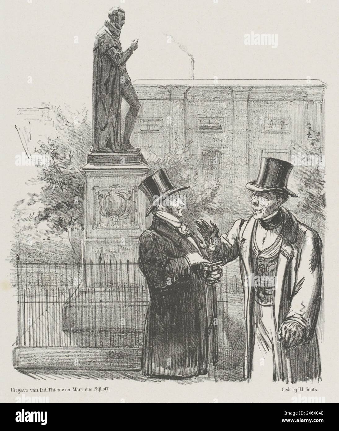 Cartoon on the expulsion of the King of Naples, 1861, Conversation at the statue of William the Silent (title on object), Cartoon on the expulsion of the King of Naples. Near the statue of William of Orange on the Square in The Hague, two gentlemen speak of the disgrace of chasing away the legal monarch Francis II of the Both Sicilies during the unification of Italy. Plate published in the weekly magazine De Nederlandsche Spectator, no. 42, October 19, 1861., print, print maker: Johan Michaël Schmidt Crans, printer: H.L. Smits, (mentioned on object), publisher: Dirk Anthonie Thieme, ( Stock Photo