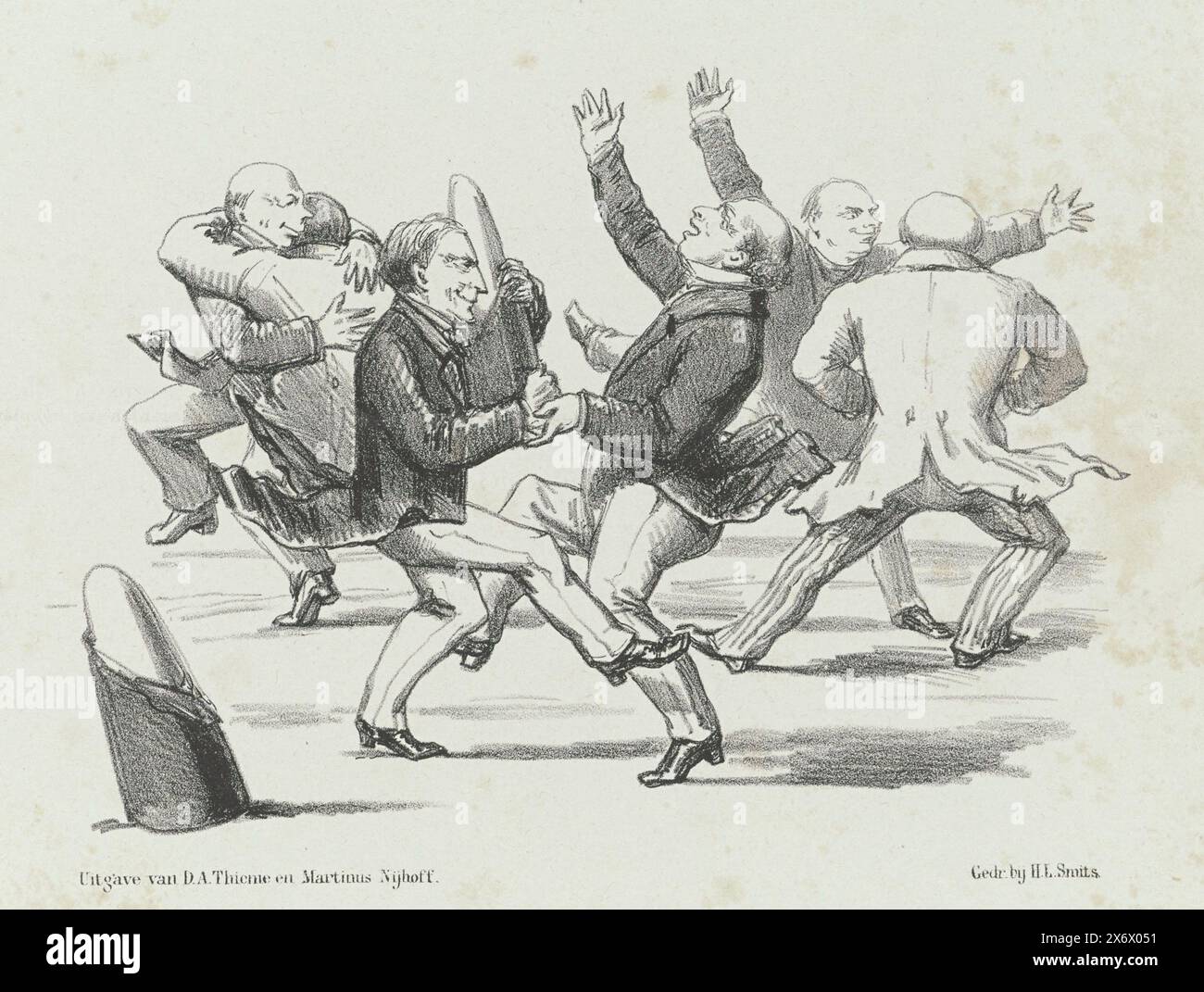 Cartoon on the appointment of Van Hoëvell to the Council of State, 1862, Joy among the old guests about the appointment of a feared Indian specialty as a member of the Council of State (title on object), Cartoon on the appointment of W.R. from Hoëvell to the Council of State. Former East Indies people dance with joy with each other and sugar loaves when Van Hoëvell leaves the House for the Council of State. Plate published in the weekly magazine De Nederlandsche Spectator, no. 29, July 19, 1862., print, print maker: Johan Michaël Schmidt Crans, printer: H.L. Smits, (mentioned on object Stock Photo