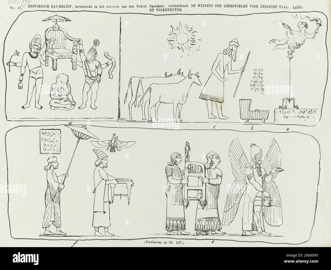 Cartoon on the bill for higher education in Indian language, geography and ethnology, 1864, Historical bas-relief, housed in the Van den Nederl Museum. Spectator, depicting The Consecration of Chairs for Indian Language, Geography and Ethnology (title on object), Cartoon on the bill for higher education in Indian language, geography and ethnology. Three representations in the form of bas-reliefs in which three chairs are incorporated. Plate published in the weekly magazine De Nederlandsche Spectator, no. 31, July 30, 1864., print, print maker: Johan Michaël Schmidt Crans, printer: H.L. Smits Stock Photo
