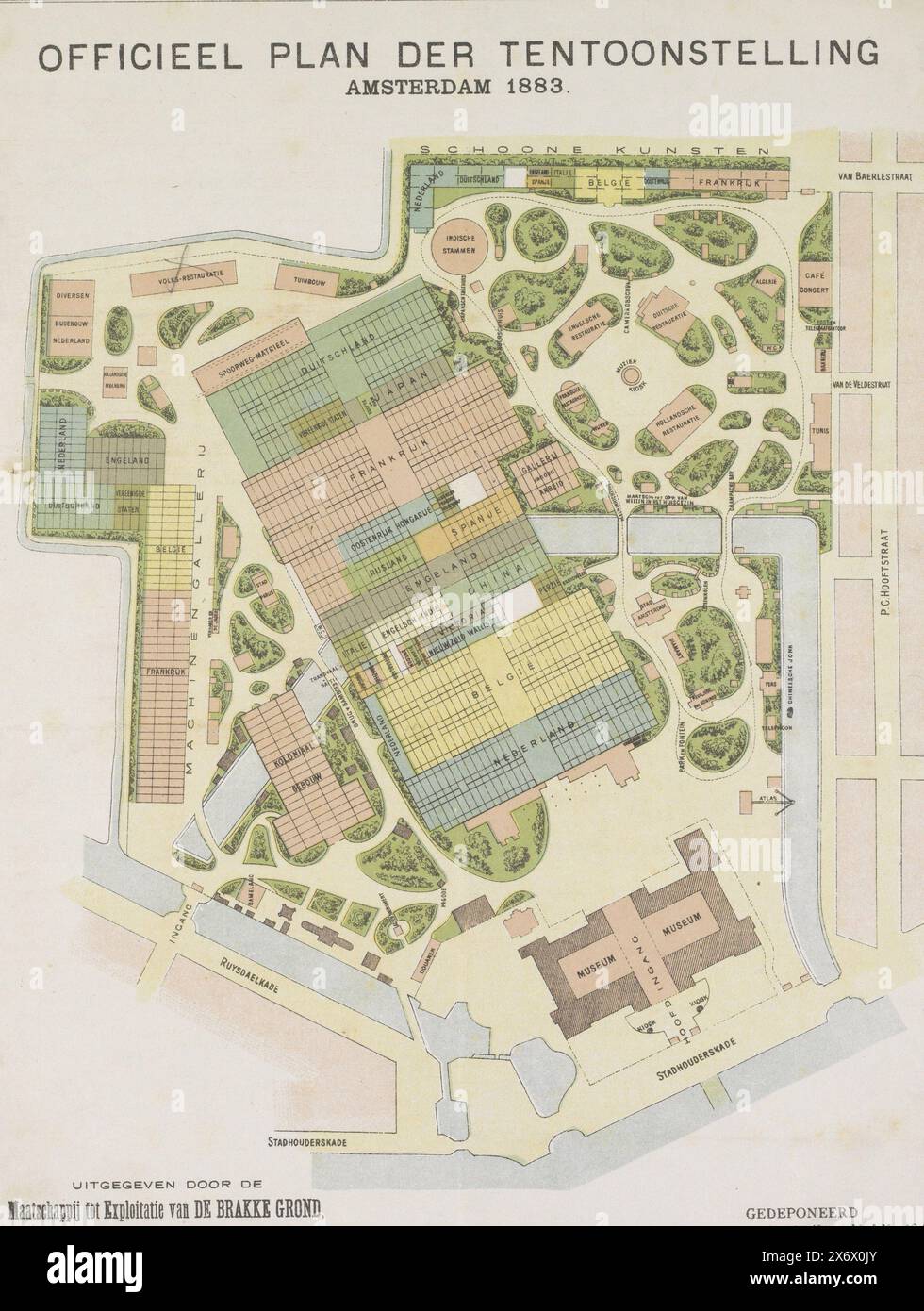 Official plan of the Amsterdam 1883 exhibition (title on object), Floor plan (small size) of the site of the World Exhibition (International Colonial and Export Trade Exhibition) held on the Museumplein in Amsterdam, from May 1 to October 1, 1883., print, print maker: anonymous, publisher: De Brakke Grond, (mentioned on object), print maker: Netherlands, publisher: Amsterdam, 1883, paper, height, 469 mm × width, 320 mm Stock Photo