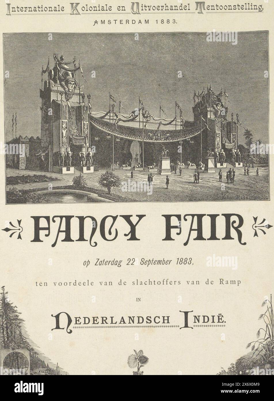 International Colonial and Export Trade Exhibition, Amsterdam 1883, Fancy Fair on Saturday 22 September 1883, in aid of the victims of the Disaster in the Dutch East Indies (title on object), Program booklet of the Fancy Fair held at the World Exhibition (International Colonial and Export Trade Exhibition) on the Museumplein in Amsterdam on September 22, 1883. For the benefit of the victims of the disasters in the Dutch East Indies: various epidemics and a volcanic eruption. Folded page with the entrance building of the World Exhibition on the front, inside the program of the various concerts Stock Photo