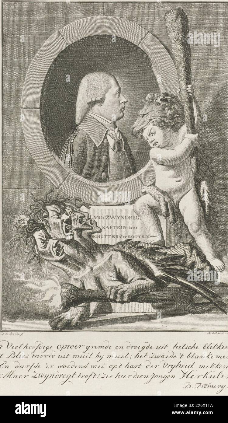 Portrait of L. van Zwijndregt, Allegorical portrait of L. van Zwijndregt, possibly the Rotterdammer Leonardus van Zwijndregt. For the portrait, the young Hercules defeats the Riot (depicted as a multi-headed monster). Below the image a poem of praise on a heroic deed by Van Zwijndregt., print, print maker: Theodorus de Roode, (mentioned on object), publisher: D. de Vries, (mentioned on object), B. Fremery, (mentioned on object), print maker: Rotterdam, Delfshaven, 1783 - 1787, paper, etching, engraving, height, 269 mm × width, 181 mm Stock Photo