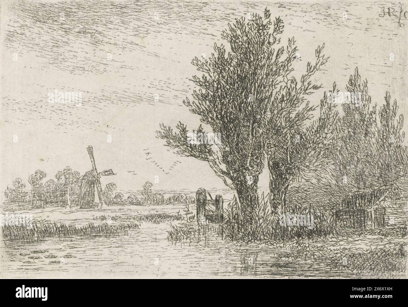 Lock, View of a river landscape with a lock and two pollard willows in the foreground. In the background the contours of a mill., print, print maker: Hermanus Jan Hendrik Rijkelijkhuizen, (mentioned on object), Utrecht, 1823 - 1883, paper, etching, height, 78 mm × width, 114 mm Stock Photo