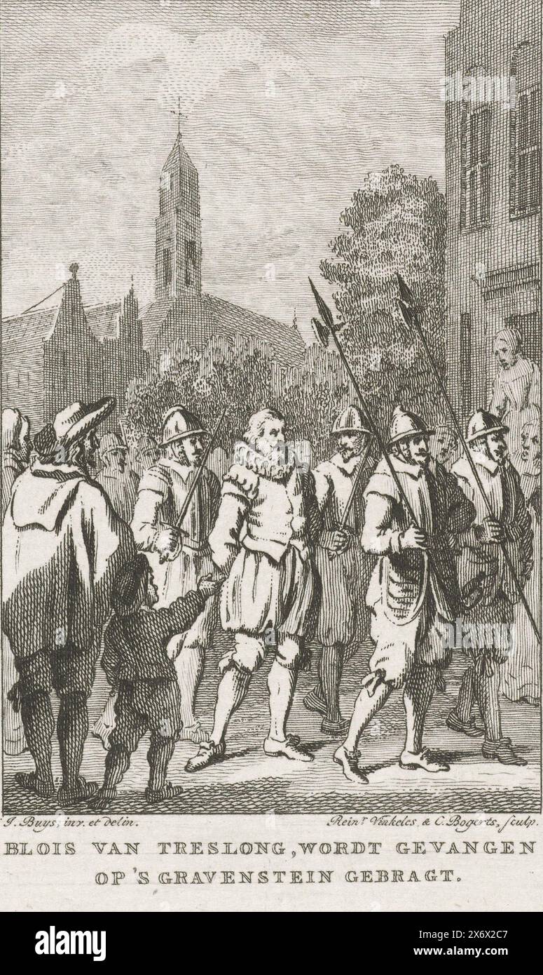 Admiral Blois van Treslong captured and taken to the Gravensteen in Middelburg, 1585, Blois van Treslong, is captured at 's Gravenstein (title on object), Admiral Blois van Treslong, accused of corruption and insubordination, is captured and taken under military escort to the Gravensteen brought to Middelburg, February 27, 1585., print, print maker: Reinier Vinkeles (I), (mentioned on object), print maker: Cornelis Bogerts, (mentioned on object), after drawing by: Jacobus Buys, (mentioned on object), Netherlands, 1780 - 1795, paper, etching, height, 128 mm × width, 99 mm Stock Photo